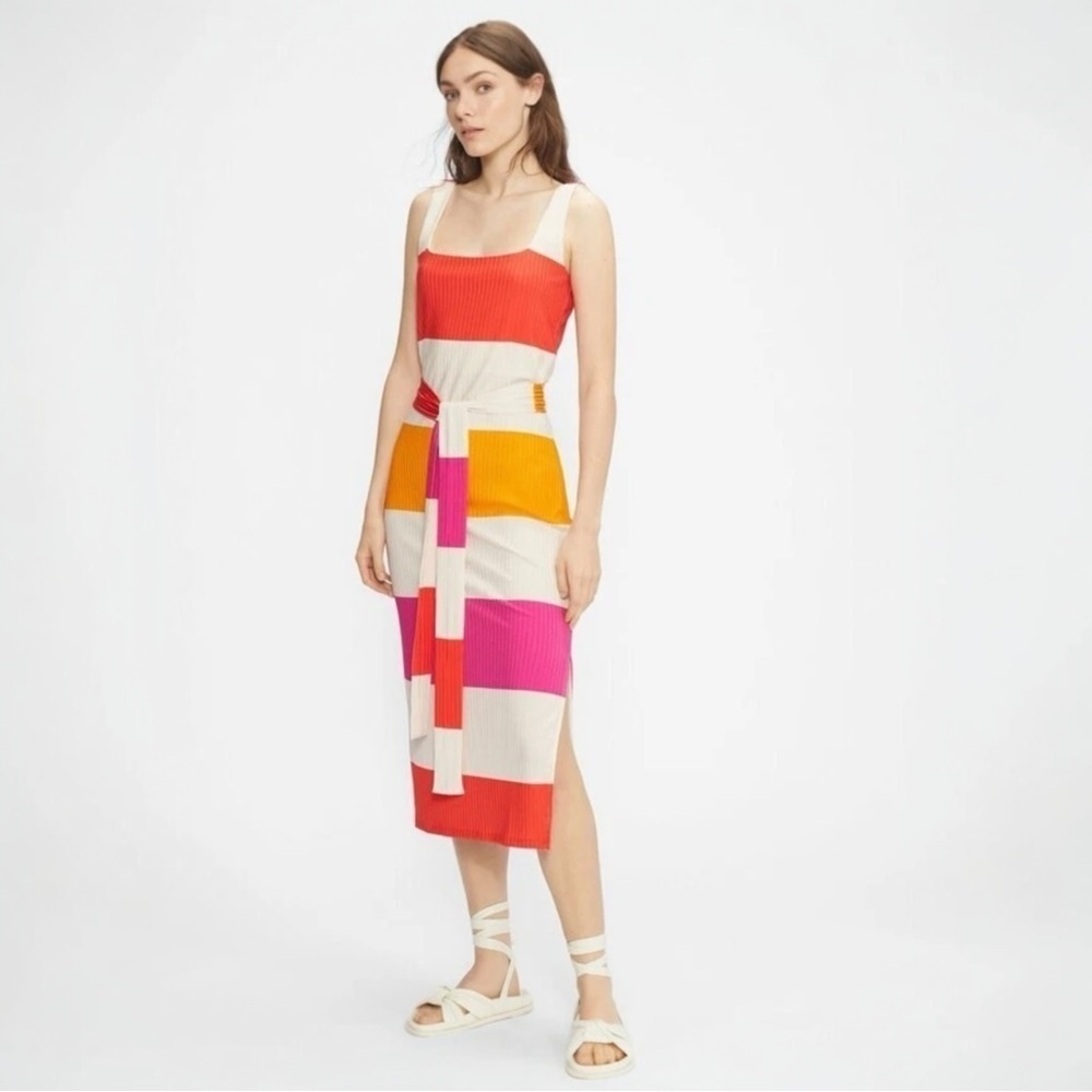 NWT Ted Baker London 2 Rib Jersey Tie Waist Midi Dress in Ivory US 4/6 S